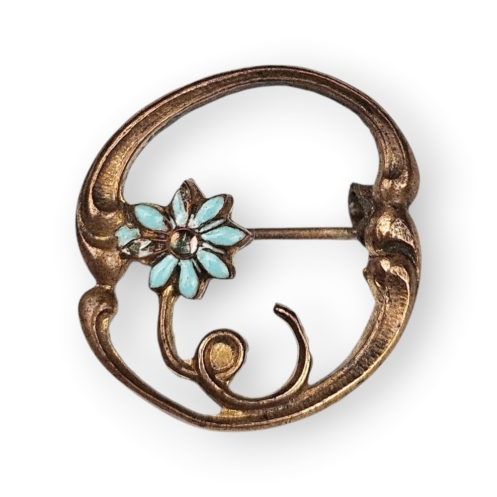 Antique Flower Mini Sash Pin Art Nouveau Blue Enamel Copper Brooch Tiny Vtg 7/8" - Picture 2 of 7